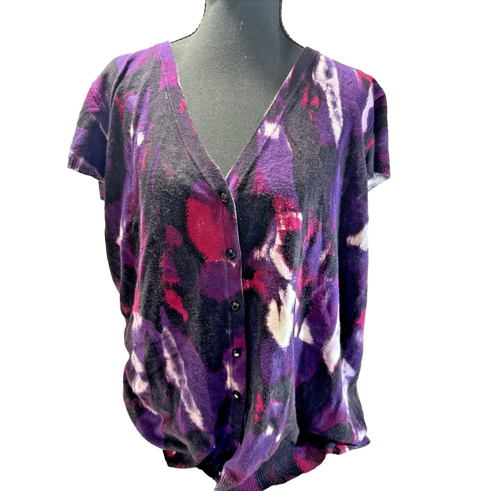 Cato Women Blouse Size 26/28W Purple Black Button-Down Top Cap Sleeves